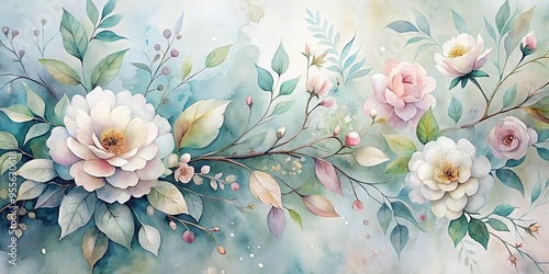 Soft, ethereal watercolor painting of gentle florals, subtle branches, and delicate leaves in muted pastel hues,