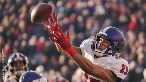 American football player making an interception the moment of catch