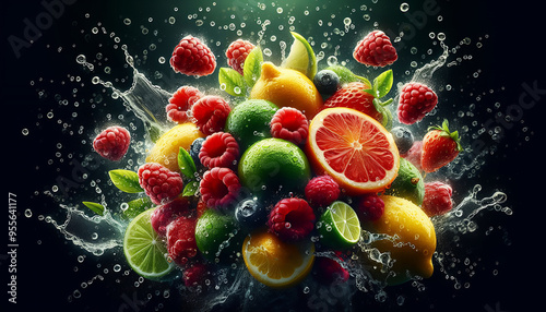 A vibrant spray of water enveloping fresh fruit such as raspberries, lemons and limes.