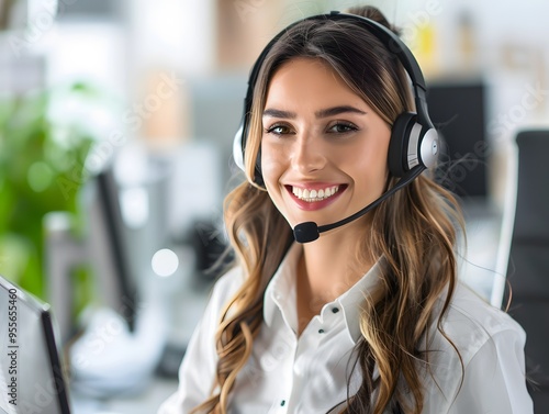 Professional female call center agent with headset smiling