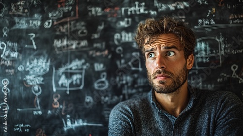 Perplexed Businessman Analyzing Complex Equations on Blackboard in Brainstorming Session