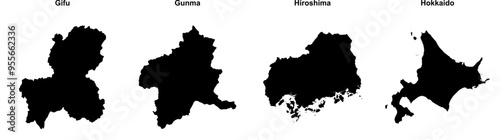 Gifu, Gunma, Hiroshima, Hokkaido outline maps