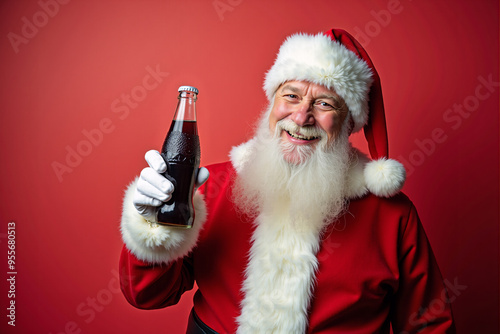 Smiling Santa Claus with soft drink bottle in his hand on red background. Copy space. AI generative.