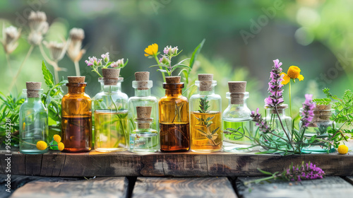 Bottles of essential oil surrounded by medicinal herbs on rustic wood