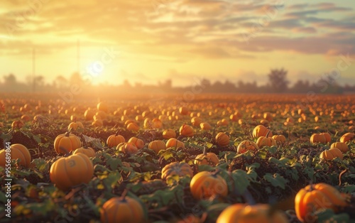 Golden sunset over vast pumpkin patch showcasing autumn’s bounty with rows of pumpkins ready for harvest