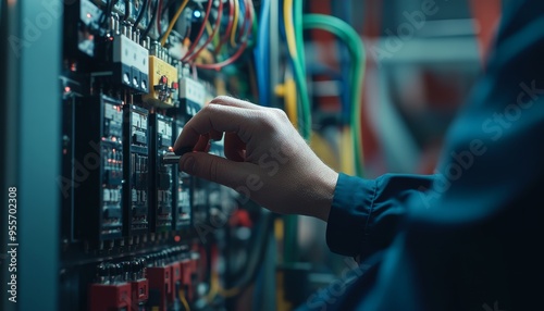 Close up of engineer inspecting voltage at circuit breaker in main power distribution board