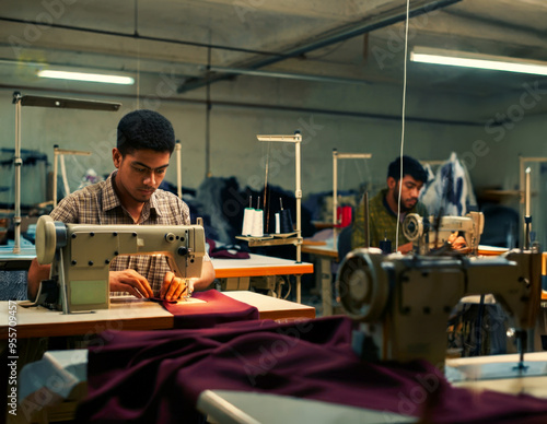 sewing workshop immigrant workers are diligently working at their sewing machines, cheap labor, fast fashion, poor conditions