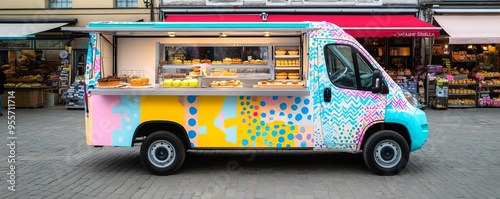 Mobile bakery truck with a playful, colorful theme, bright and bold, set at a lively street fair