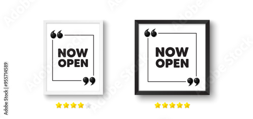 Picture frame with 3d quotation icon. Now open tag. Promotion new business sign. Welcome advertising symbol. Now open chat message. Photo frame wall. 3d comma quotes. Vector