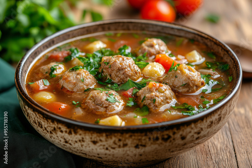 Hearty albondigas soup with tender meatballs, fresh vegetables, and vibrant herbs in an artisanal bowl, perfect for cozy gatherings