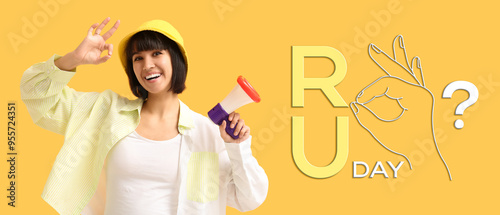 Young woman with megaphone showing OK on yellow background