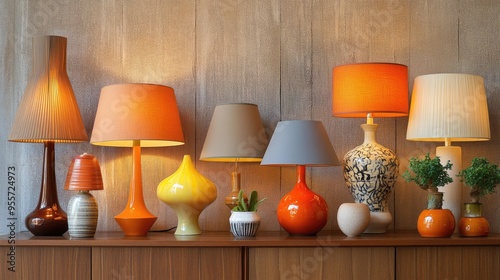 A variety of lamps with unique shades and sizes, creating a stylish display on a mid-century modern sideboard.