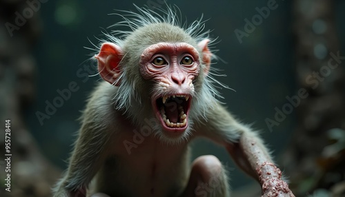 A close-up of an agitated young monkey displaying its teeth in a jungle setting.