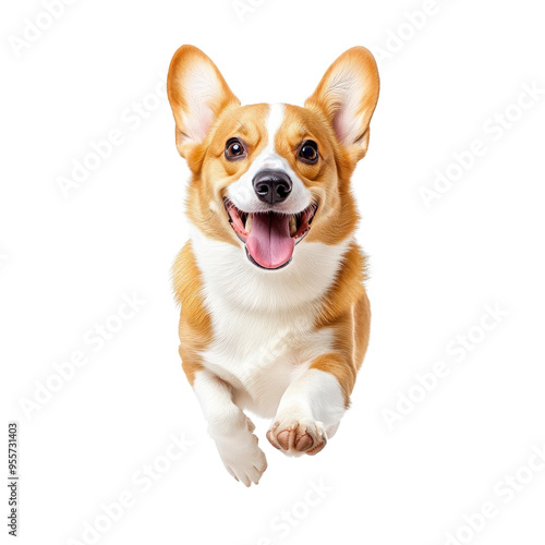 A cheerful corgi dog runs towards the camera with its tongue sticking out.