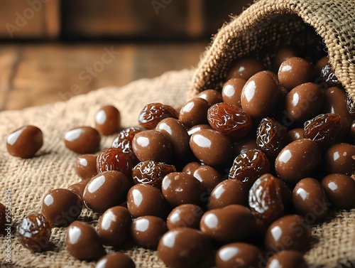 Chocolate Covered Raisins in a Burlap Sack