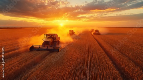 aerial view of combine harvesters in wheat field during harvest dust clouds golden light trucks waiting nearby