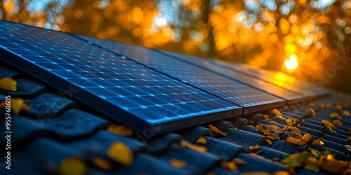 Close-up of solar panels on a roof with autumn leaves, bathed in the warm glow of the setting sun.