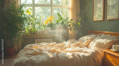 cozy bedroom bathed in soft morning light rumpled linen sheets steaming coffee on nightstand houseplant catching sunbeams