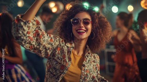 Young woman with friends dancing to music at a lively party, the beats filling the air and everyone moving to the rhythm.