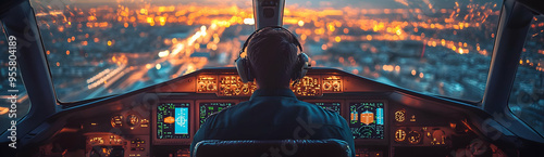 A pilot navigating through a vibrant, illuminated cityscape from the cockpit during evening flight.