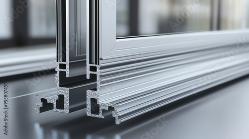 Aluminum profile frames double glazing on construction. PVC metal silver color windows and doors detail cross section. 3D illustration. aluminium protruded profile for windows and doors