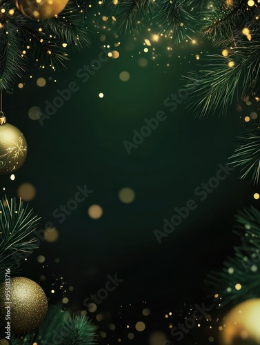 Beautiful dark Christmas background with green and golden, shining decoration and empty space. Copy space for your text. Merry Xmas, Happy New Year. Festive backdrop.