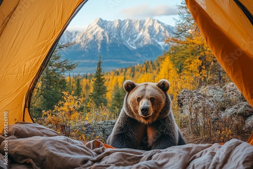 POV from a camping tent: A grizzly bear is looking inside a tent, with a scenic view of the mountains in the autumn 