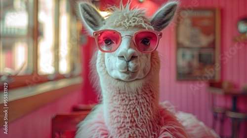 Llama in Sunglasses: Creative Animal Concept on Pastel Background for Commercial & Editorial Advertising with Surrealist Twist