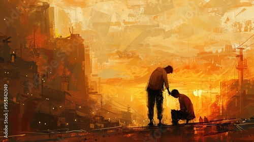 A modern day Good Samaritan helping a person in need cityscape background