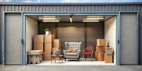 A close-up of a storage unit filled with boxes and furniture, storage, unit, boxes, furniture, organization, clutter, space