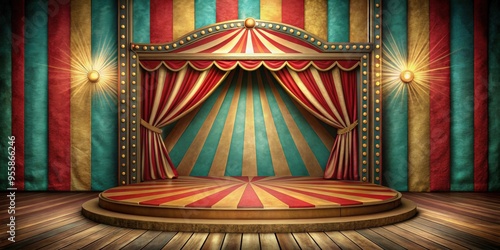 Vintage circus podium with colorful stripes and ornate details, circus, vintage, podium, stage, performance