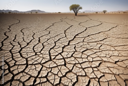 Parched desert landscape with cracked earth, sun-baked soil, and a vast expanse of arid terrain