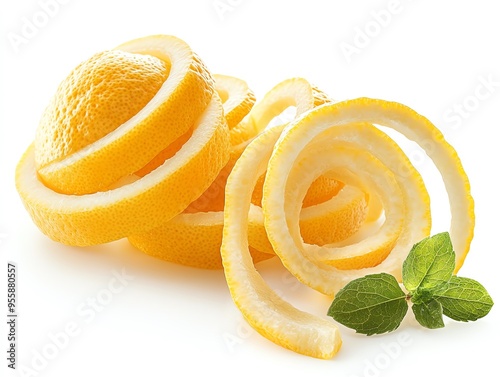 Spiral lemon zest with a sprig of fresh mint, isolated on a white background.