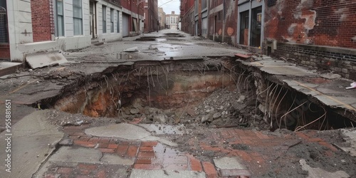 Street remnants between twin sinkholes caused by inadequate rainwater drainage posing a threat to nearby buildings