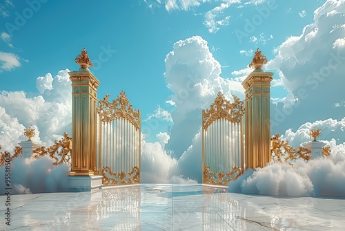 Open golden gates of Paradise against white clouds. Entrance to the afterlife for the righteous. Gates of serenity, beckoning souls to a heavenly embrace.