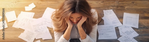 Stressed businesswoman surrounded by overdue bills and debt notices, financial stress concept