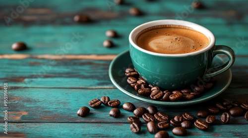 Espresso coffee cup with beans on vintage table. Coffee background