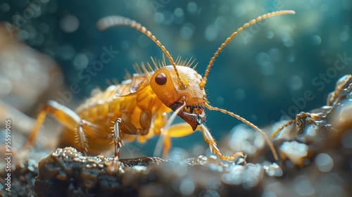 Close-up of a yellow and black striped bug, likely an insect, showing its details