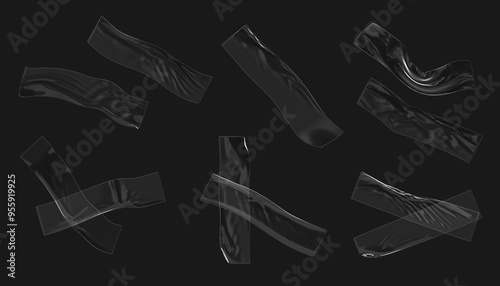 3d set of transparent adhesive plastic tape isolated on black background render. Clear crumpled sticky strip, piece of glued scotch band, cross patch or wrinkle cellophane film mockup. 3D illustration