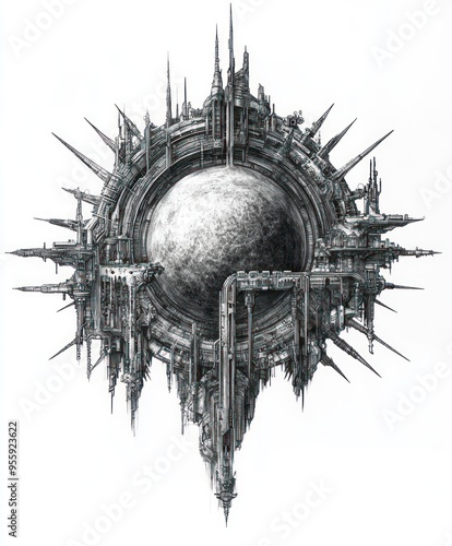 A futuristic structure resembling a planet surrounded by intricate spires and pipes.