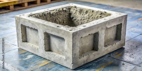 Concrete cube mold filled with fresh cement mixture for compressive strength testing, concrete