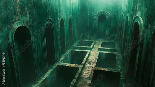 Eerie Green Chamber with Arched Doorways and Stone Path