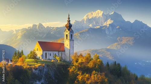 Sunrise over Jamnik church with mountain backdrop