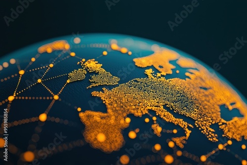 A digital concept of a globe with dotted lines connecting different countries, symbolizing international migration and global movement