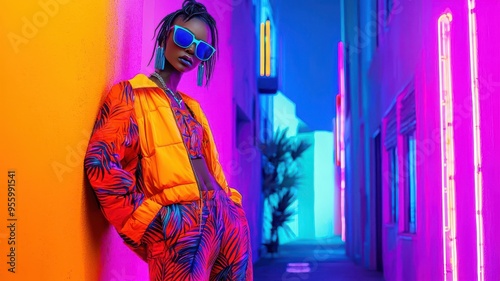 Modern fashion shoot in a neon-lit alley, high contrast, vibrant colors, exotic urban vibe