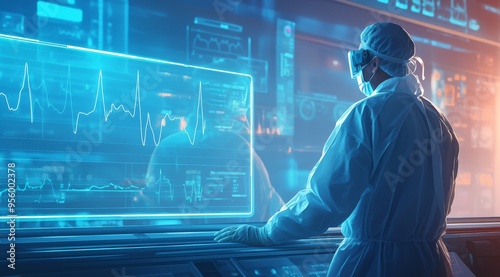 A digital artwork depicting an AI medical doctor wearing a futuristic visor, examining a patient's data on a large digital screen. This symbolizes the role of AI in healthcare, advanced medical techno