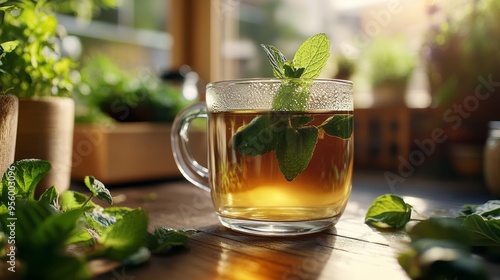 Freshly brewed herbal tea with a sprig of mint, brain-boosting beverage, calming and healthy.