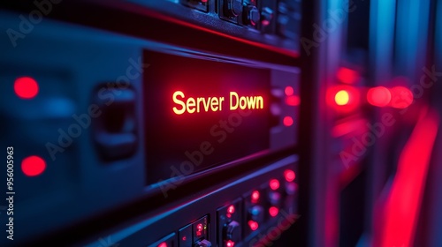 A server rack in a modern data center with a red alert light displaying "Server Down", symbolizing downtime, system failure, technical issues, network outage, and data loss.