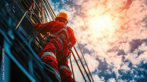 back view of Employee working at height with safety equipment,generative ai