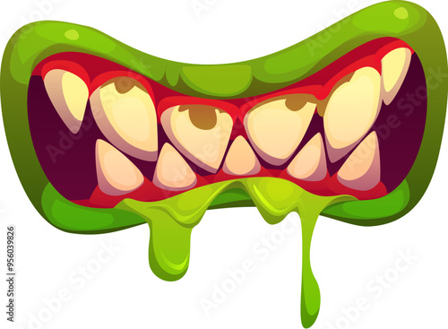 Halloween monster mouth with drool jaws, dripping saliva, green lips and exaggerated sharp teeth. Isolated cartoon vector eerie demon, zombie, alien, devil maw with scary dripping slime, and red gums